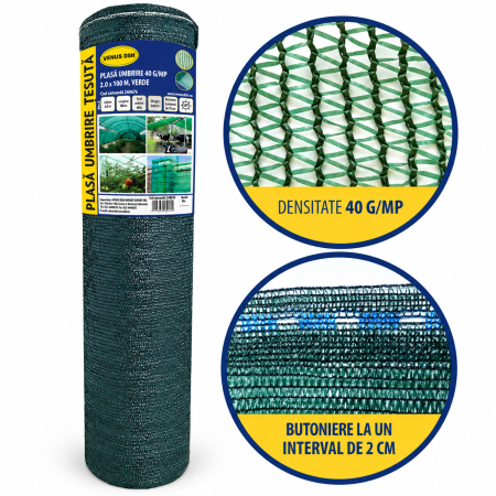 Plasa umbrire 40 g/mp, 2 x 100 m, verde